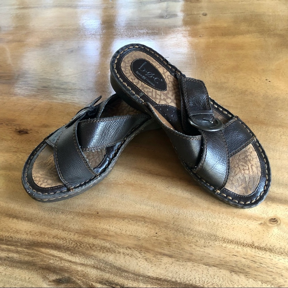 Womens Dark Brown B.O.C. By Born Leather Cross Strap Slide Sandals Shoes 8 EUR39